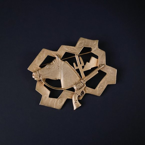 Jewelry - Vintage Western Cowboy Desert Horse Gun Gold Wash Rectangular Framed Brooch